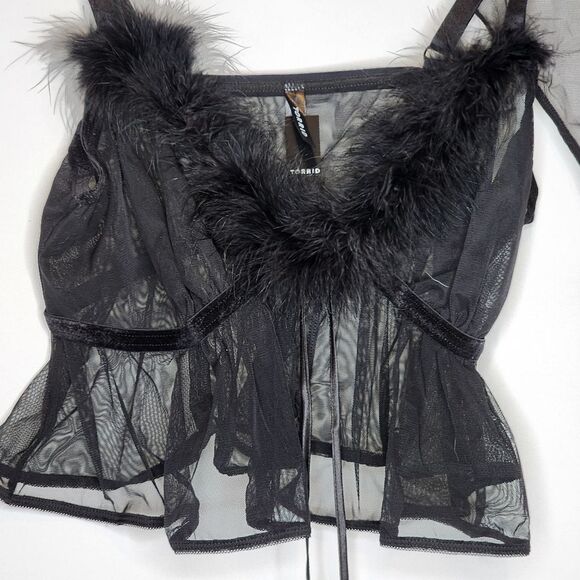 4X 26W Black Marabou Flyaway Bralette Thong Set Lingerie 50s Pinup Sheer NWT fuz - Picture 3 of 12